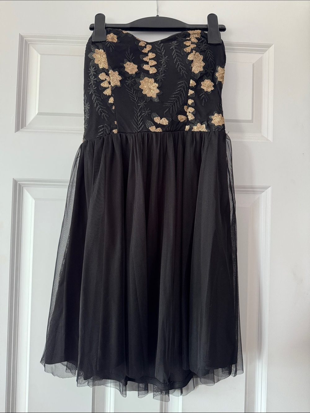 As U Wish Black Strapless Mini Dress with Gold Floral Accents